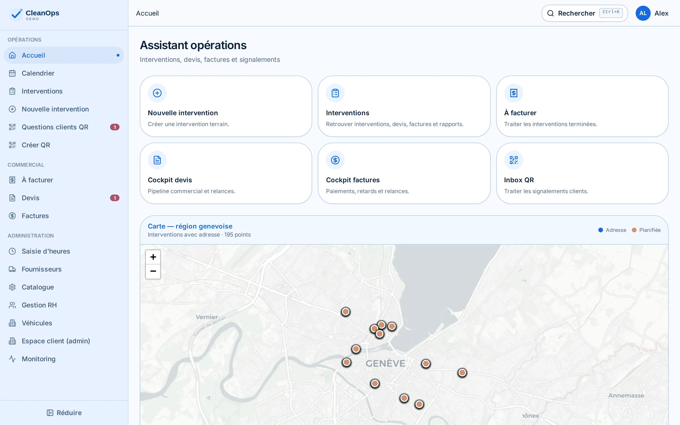 Cockpit opérationnel CleanOps : accueil avec carte des interventions en région genevoise
