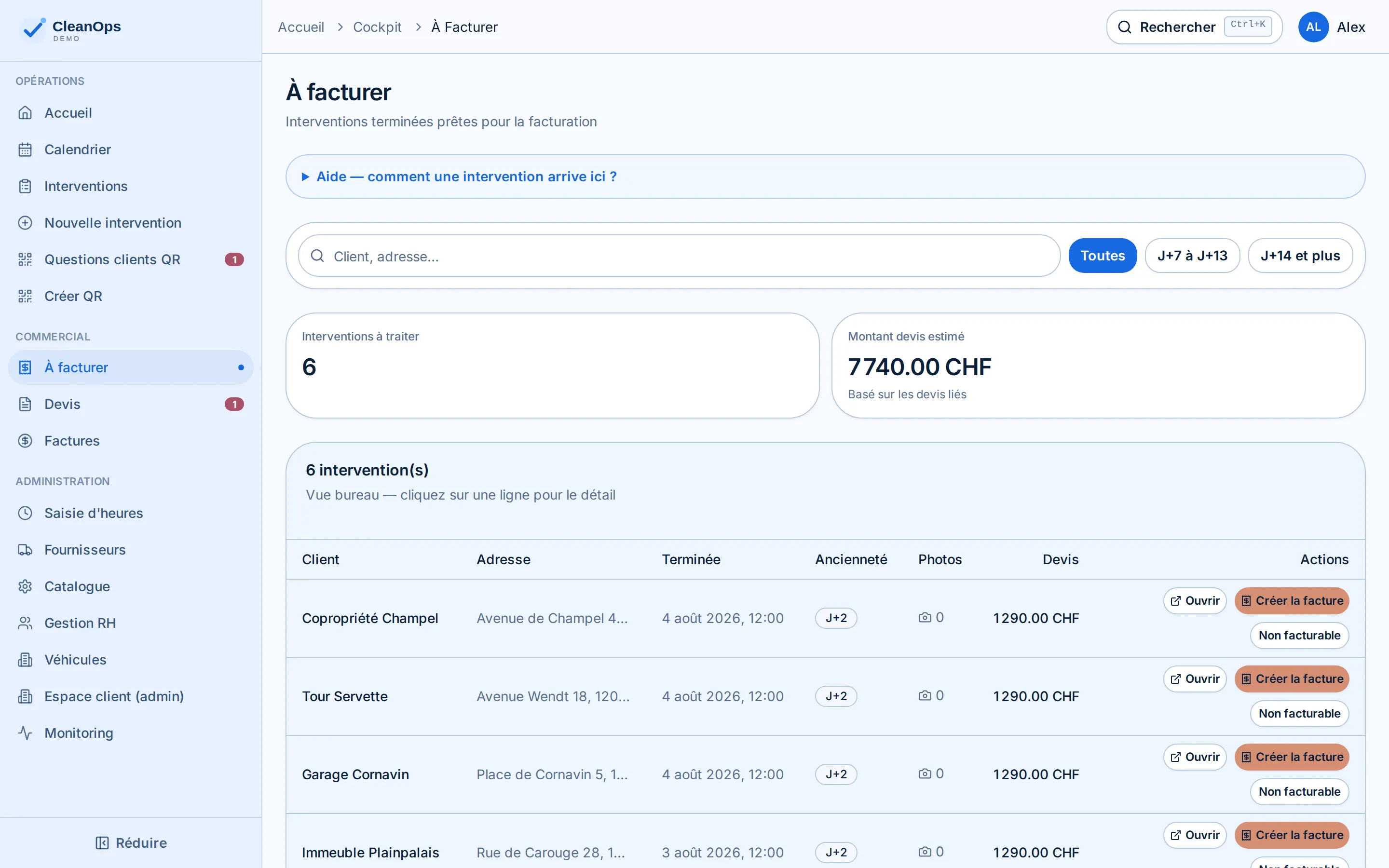 CleanOps — interventions terminées prêtes à facturer, avec montants et actions